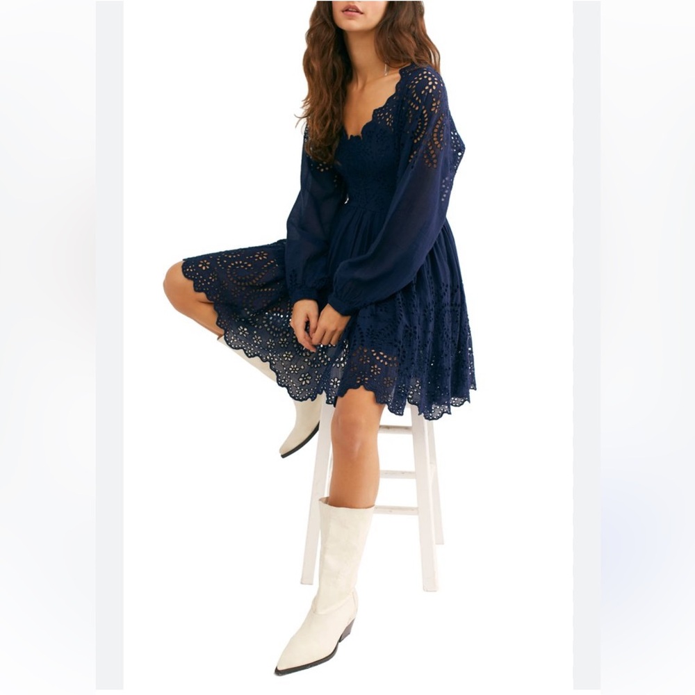 Free People Lottie Navy Blue Eyelet Mini Dress. Size XS